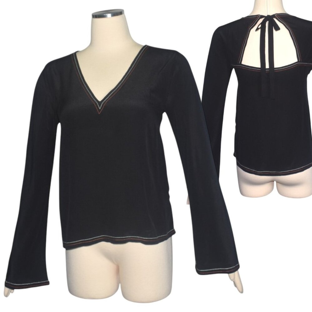 Madewell Black Silk V Neck Blouse Top Long Flare Sleeve Tie Back XS